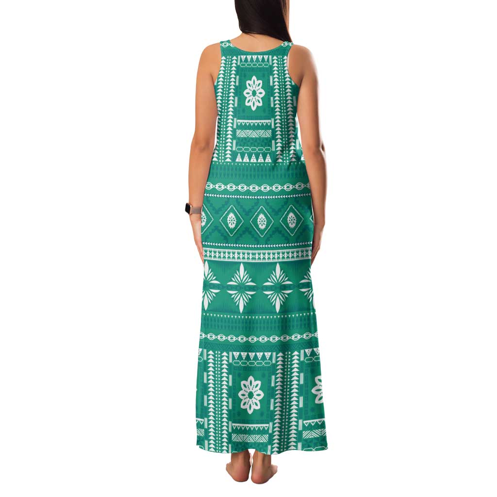 Fiji Masi All Teal Tank Maxi Dress Tapa Pattern LT01 - Polynesian Pride