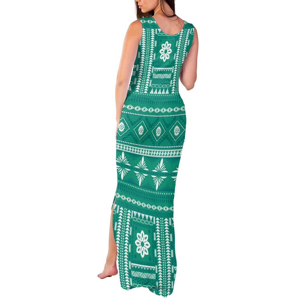 Fiji Masi All Teal Tank Maxi Dress Tapa Pattern LT01 - Polynesian Pride