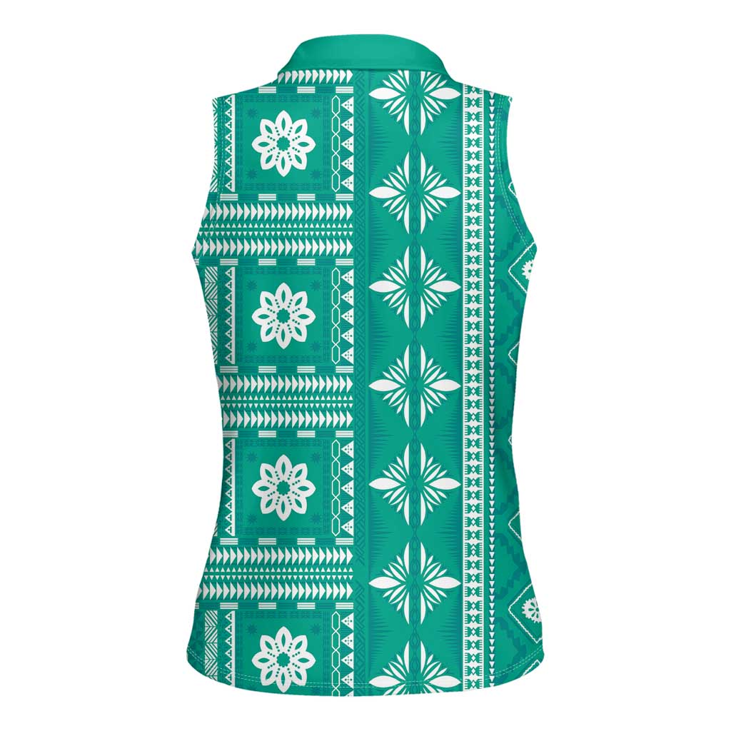 Fiji Masi All Teal Women Sleeveless Polo Shirt Tapa Pattern - Polynesian Pride