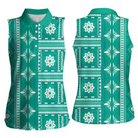 Fiji Masi All Teal Women Sleeveless Polo Shirt Tapa Pattern - Polynesian Pride