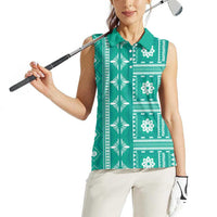 Fiji Masi All Teal Women Sleeveless Polo Shirt Tapa Pattern - Polynesian Pride