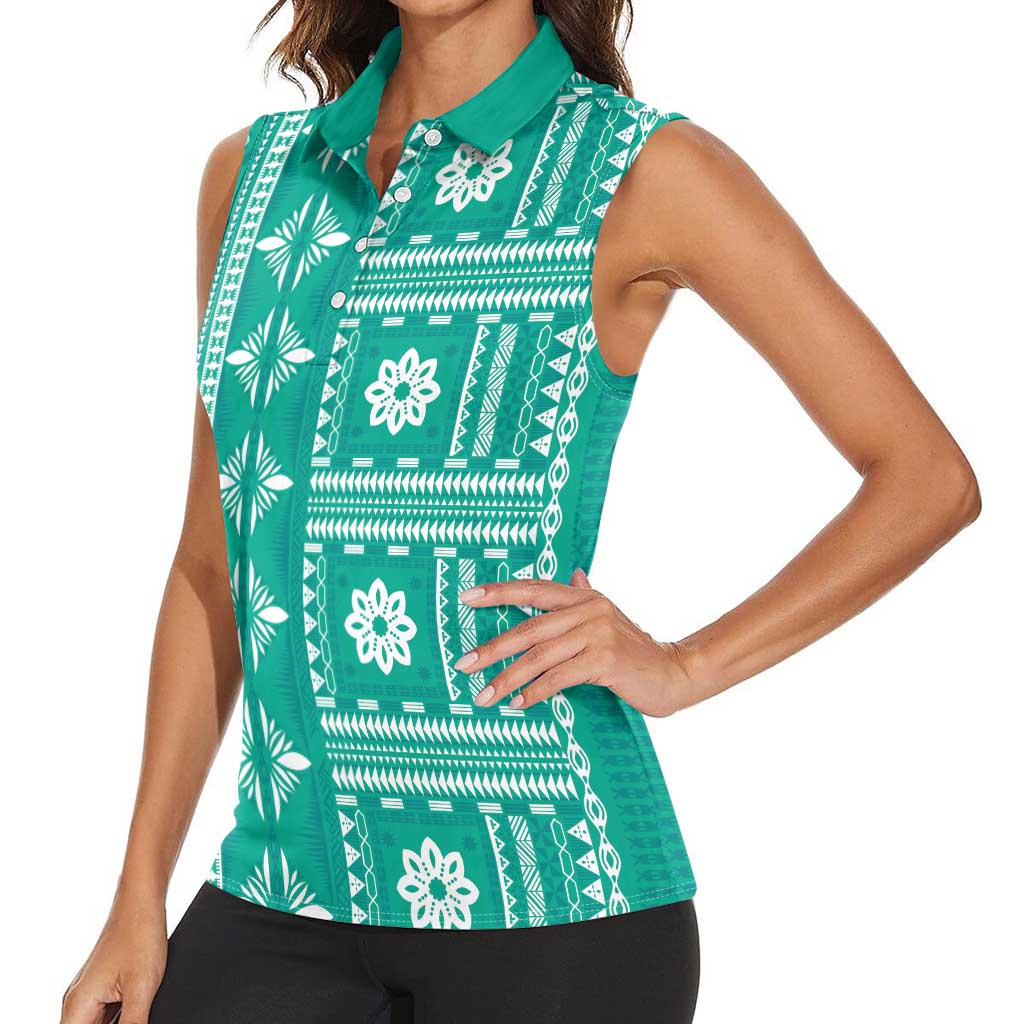 Fiji Masi All Teal Women Sleeveless Polo Shirt Tapa Pattern - Polynesian Pride