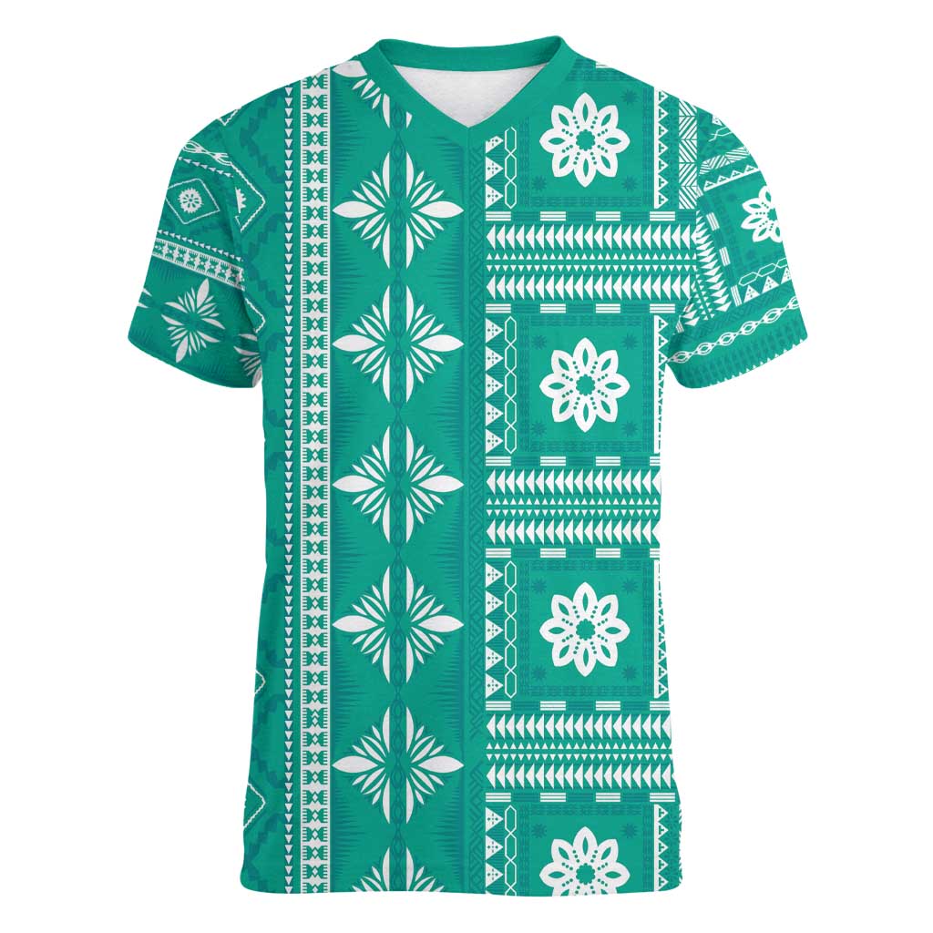 Fiji Masi All Teal Women V-Neck T-Shirt Tapa Pattern - Polynesian Pride