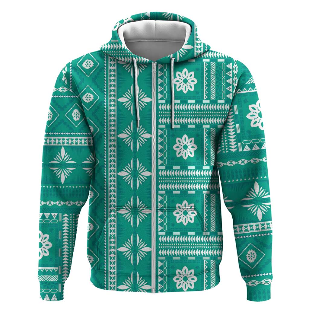 Fiji Masi All Teal Zip Hoodie Tapa Pattern - Polynesian Pride