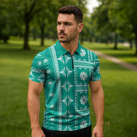 Fiji Masi All Teal Zipper Polo Shirt Tapa Pattern - Polynesian Pride