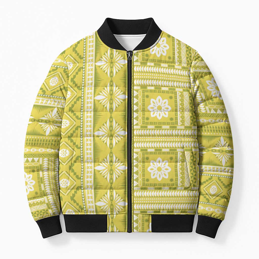 Fiji Masi All Yellow Bomber Puffer Jacket Tapa Pattern - Polynesian Pride
