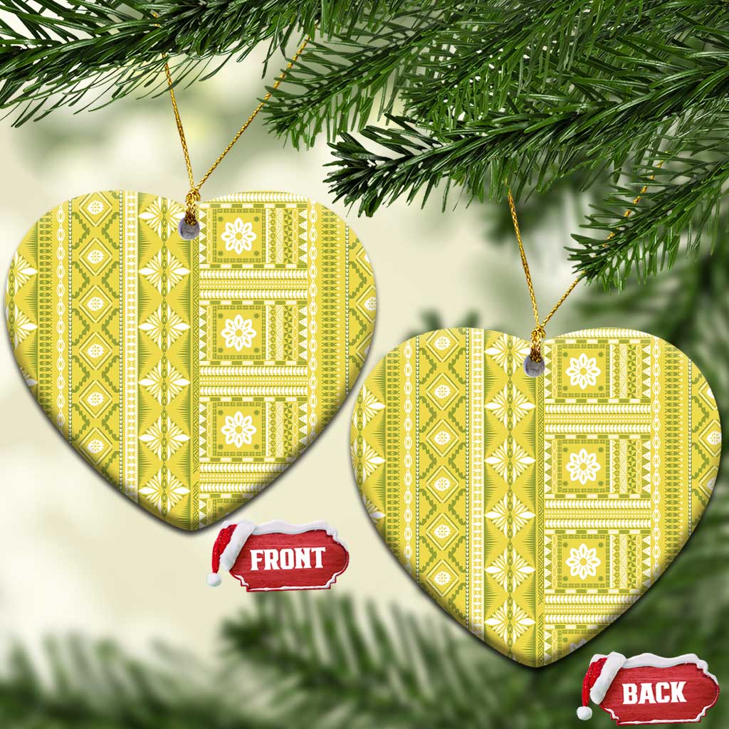 Fiji Masi All Yellow Ceramic Ornament Tapa Pattern LT01 Heart Yellow - Polynesian Pride