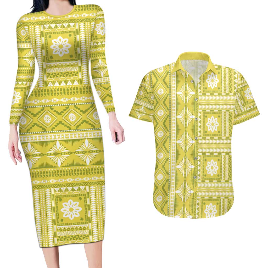 Fiji Masi All Yellow Couples Matching Long Sleeve Bodycon Dress and Hawaiian Shirt Tapa Pattern - Polynesian Pride