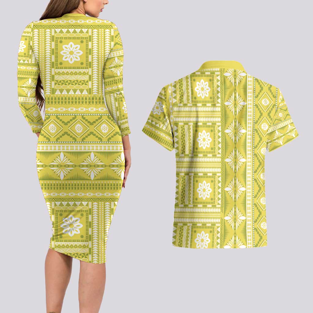 Fiji Masi All Yellow Couples Matching Long Sleeve Bodycon Dress and Hawaiian Shirt Tapa Pattern - Polynesian Pride