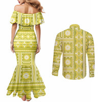 Fiji Masi All Yellow Couples Matching Mermaid Dress and Long Sleeve Button Shirt Tapa Pattern - Polynesian Pride