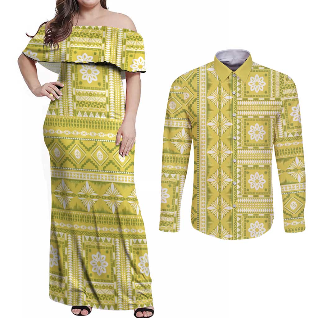 Fiji Masi All Yellow Couples Matching Off Shoulder Maxi Dress and Long Sleeve Button Shirt Tapa Pattern - Polynesian Pride