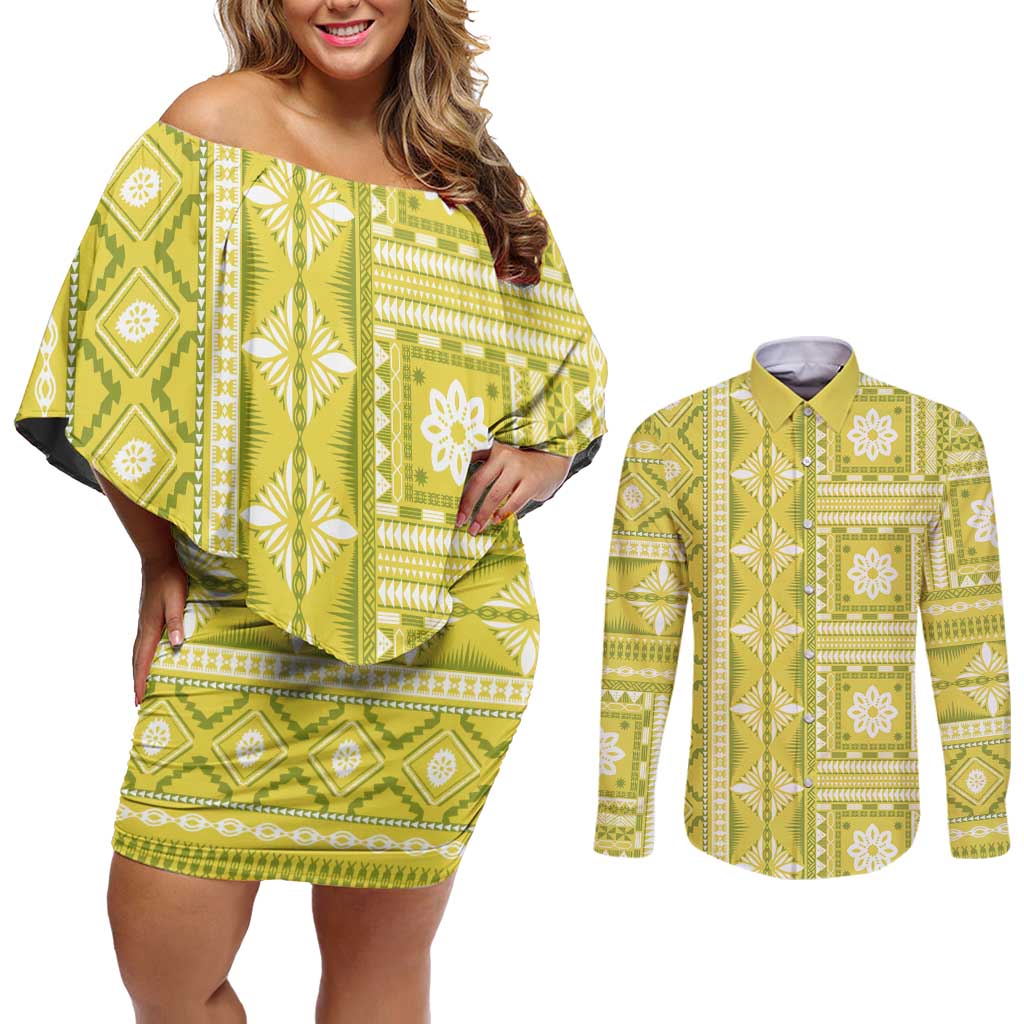 Fiji Masi All Yellow Couples Matching Off Shoulder Short Dress and Long Sleeve Button Shirt Tapa Pattern - Polynesian Pride