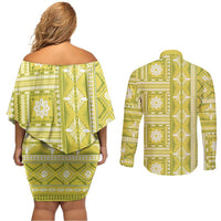 Fiji Masi All Yellow Couples Matching Off Shoulder Short Dress and Long Sleeve Button Shirt Tapa Pattern - Polynesian Pride