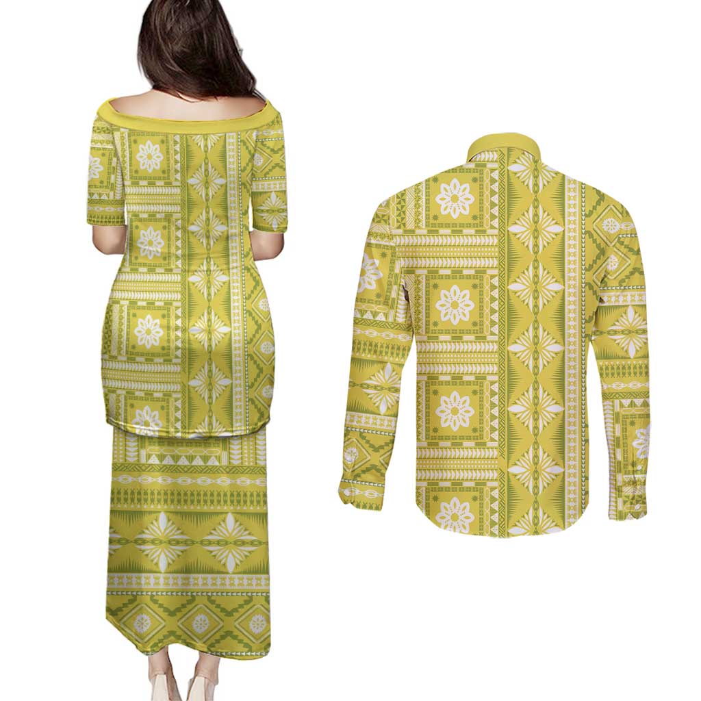 Fiji Masi All Yellow Couples Matching Puletasi and Long Sleeve Button Shirt Tapa Pattern - Polynesian Pride