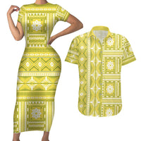 Fiji Masi All Yellow Couples Matching Short Sleeve Bodycon Dress and Hawaiian Shirt Tapa Pattern - Polynesian Pride