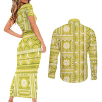 Fiji Masi All Yellow Couples Matching Short Sleeve Bodycon Dress and Long Sleeve Button Shirt Tapa Pattern - Polynesian Pride