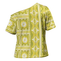 Fiji Masi All Yellow Cross Shoulder Shirt Tapa Pattern - Polynesian Pride