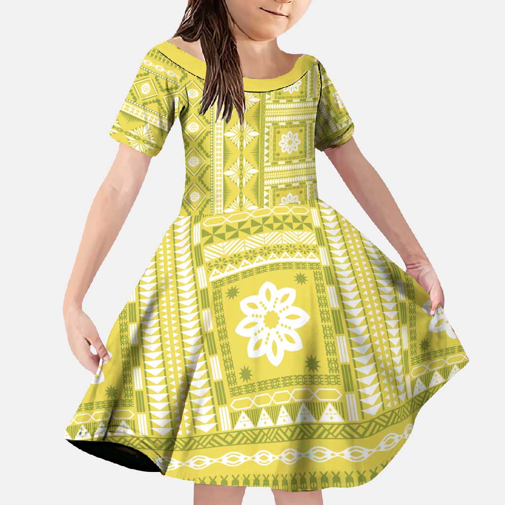 Fiji Masi All Yellow Family Matching Long Sleeve Bodycon Dress and Hawaiian Shirt Tapa Pattern - Polynesian Pride