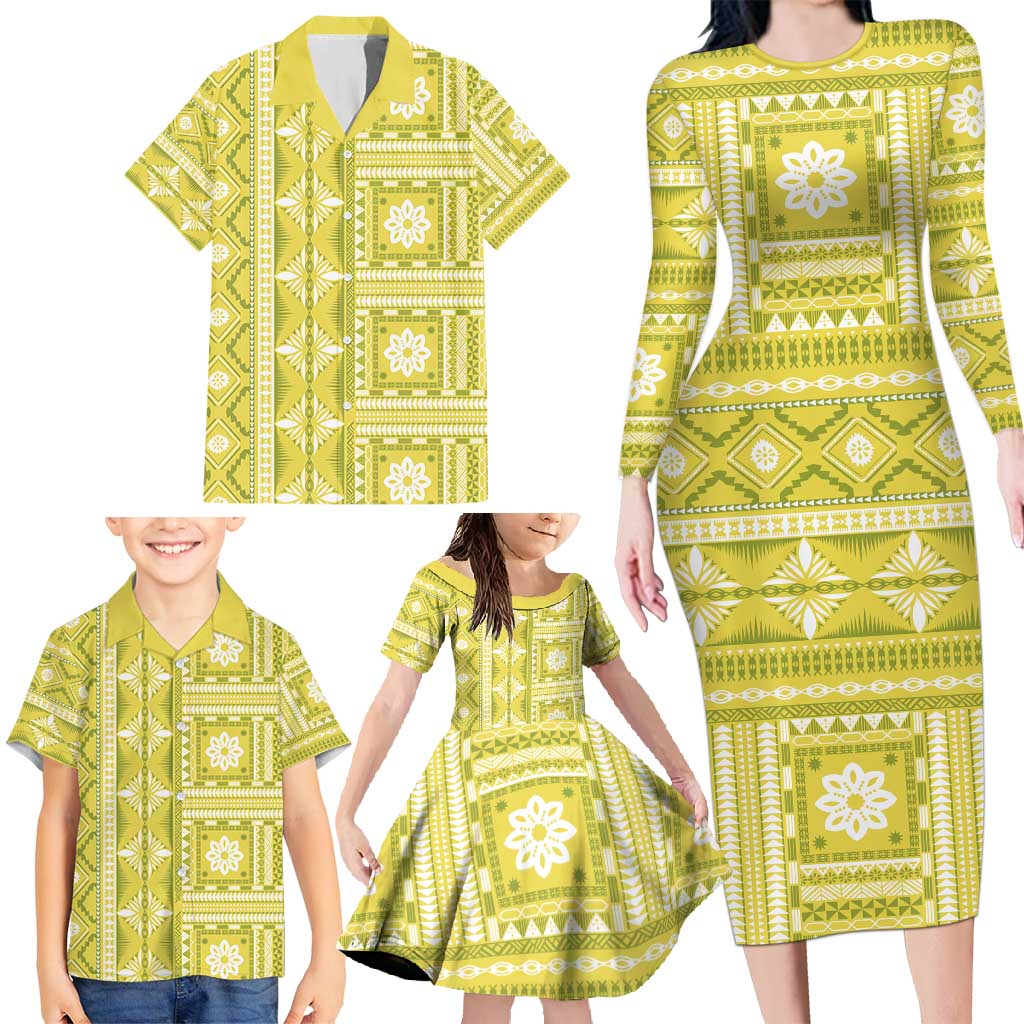 Fiji Masi All Yellow Family Matching Long Sleeve Bodycon Dress and Hawaiian Shirt Tapa Pattern - Polynesian Pride