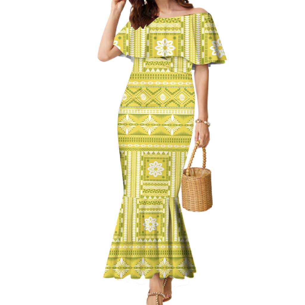 Fiji Masi All Yellow Family Matching Mermaid Dress and Hawaiian Shirt Tapa Pattern - Polynesian Pride