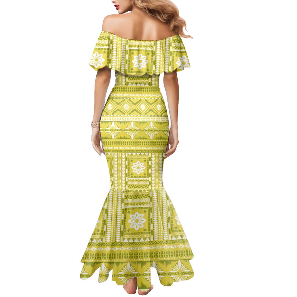 Fiji Masi All Yellow Family Matching Mermaid Dress and Hawaiian Shirt Tapa Pattern - Polynesian Pride