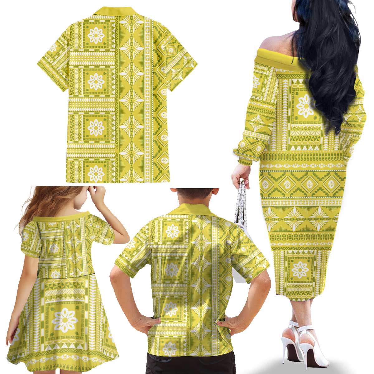 Fiji Masi All Yellow Family Matching Off The Shoulder Long Sleeve Dress and Hawaiian Shirt Tapa Pattern - Polynesian Pride