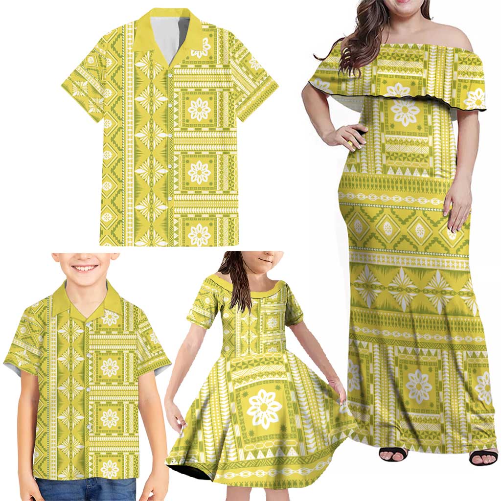 Fiji Masi All Yellow Family Matching Off Shoulder Maxi Dress and Hawaiian Shirt Tapa Pattern - Polynesian Pride
