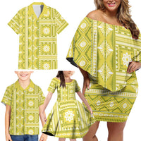 Fiji Masi All Yellow Family Matching Off Shoulder Short Dress and Hawaiian Shirt Tapa Pattern - Polynesian Pride