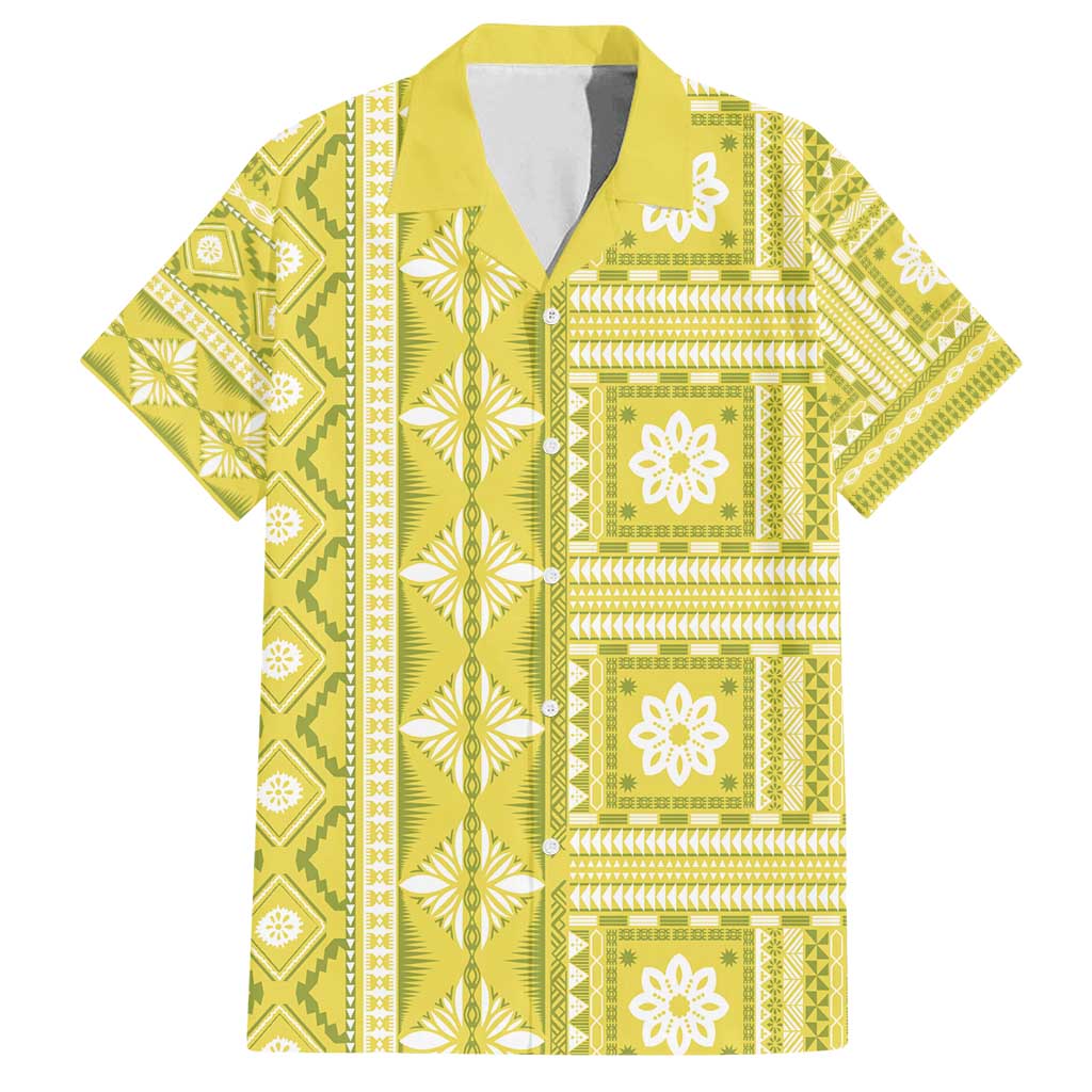 Fiji Masi All Yellow Family Matching Off Shoulder Short Dress and Hawaiian Shirt Tapa Pattern - Polynesian Pride
