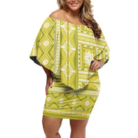 Fiji Masi All Yellow Family Matching Off Shoulder Short Dress and Hawaiian Shirt Tapa Pattern - Polynesian Pride