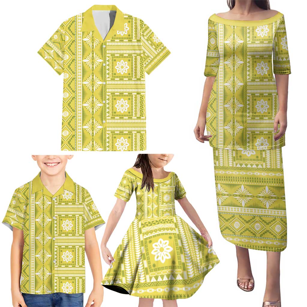 Fiji Masi All Yellow Family Matching Puletasi and Hawaiian Shirt Tapa Pattern - Polynesian Pride