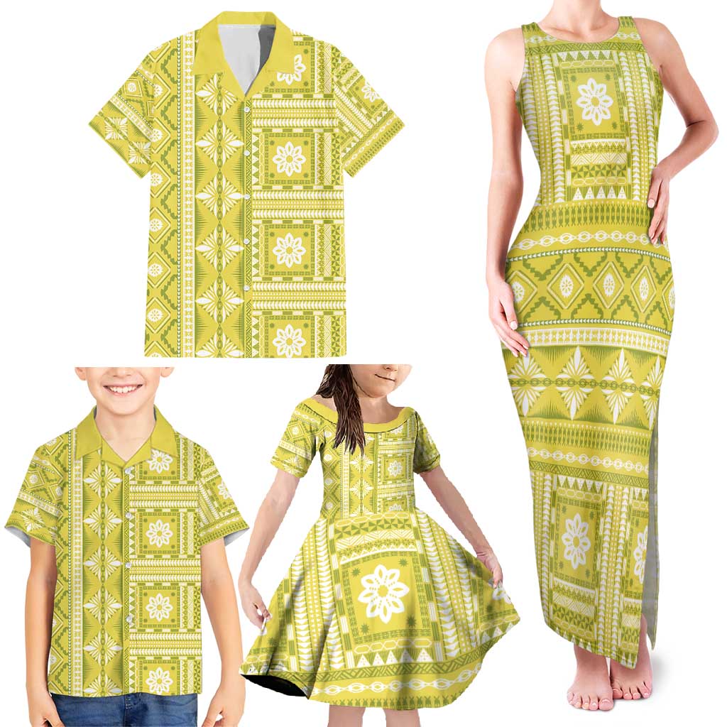 Fiji Masi All Yellow Family Matching Tank Maxi Dress and Hawaiian Shirt Tapa Pattern - Polynesian Pride