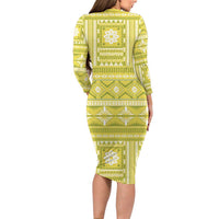 Fiji Masi All Yellow Long Sleeve Bodycon Dress Tapa Pattern - Polynesian Pride
