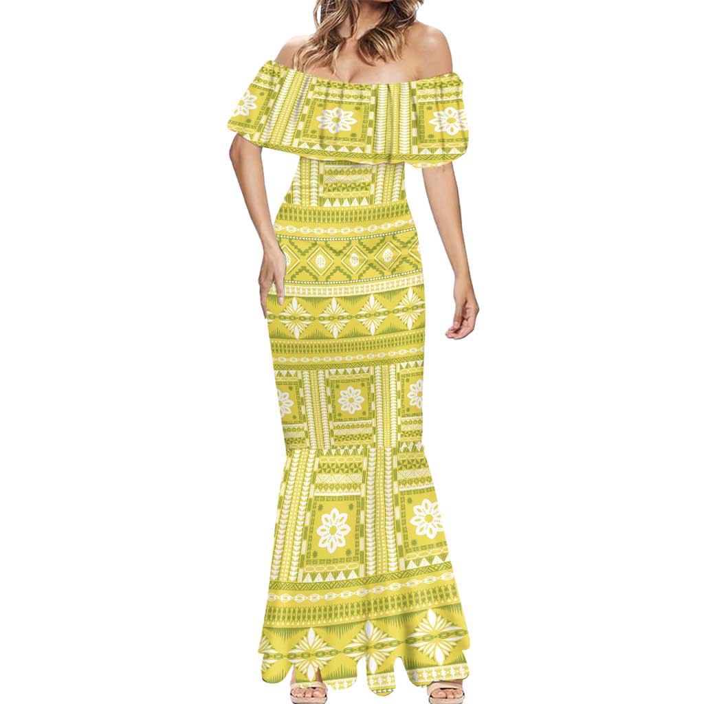 Fiji Masi All Yellow Mermaid Dress Tapa Pattern - Polynesian Pride
