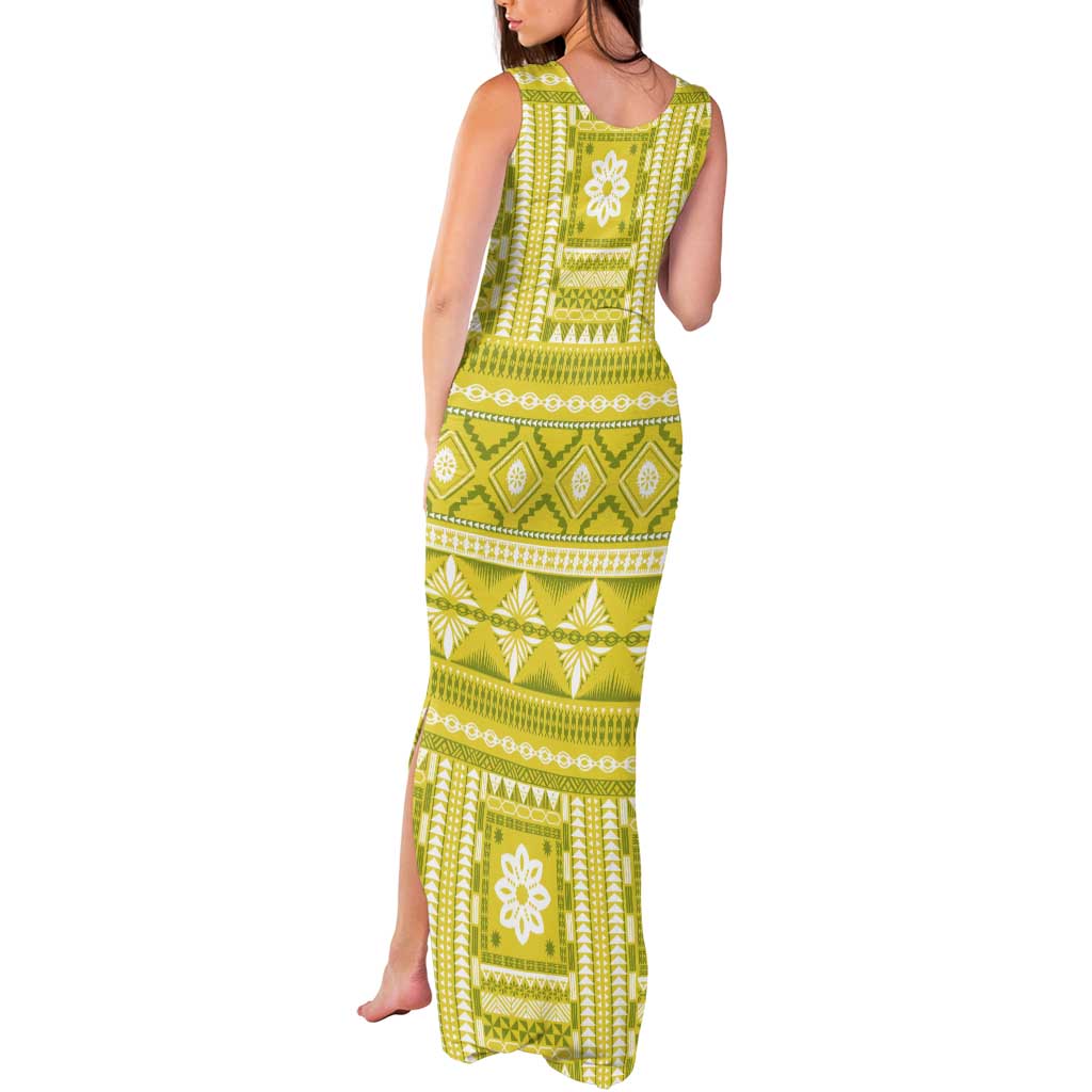 Fiji Masi All Yellow Tank Maxi Dress Tapa Pattern - Polynesian Pride
