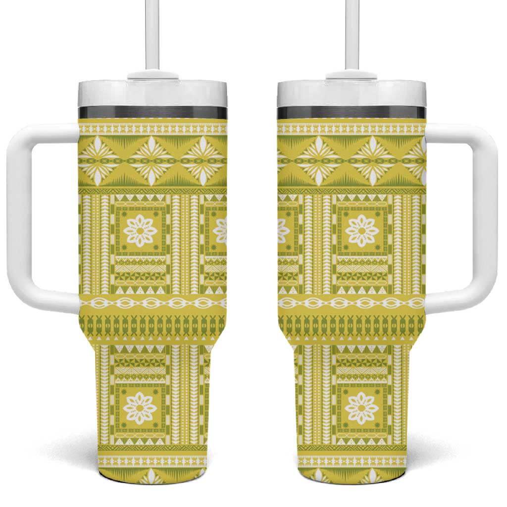 Fiji Masi All Yellow Tumbler With Handle Tapa Pattern - Polynesian Pride