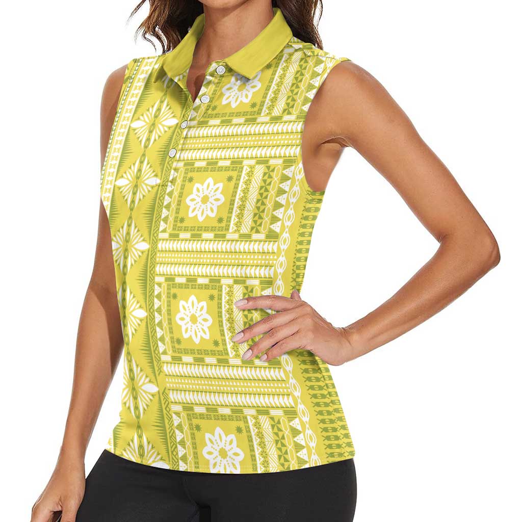 Fiji Masi All Yellow Women Sleeveless Polo Shirt Tapa Pattern - Polynesian Pride