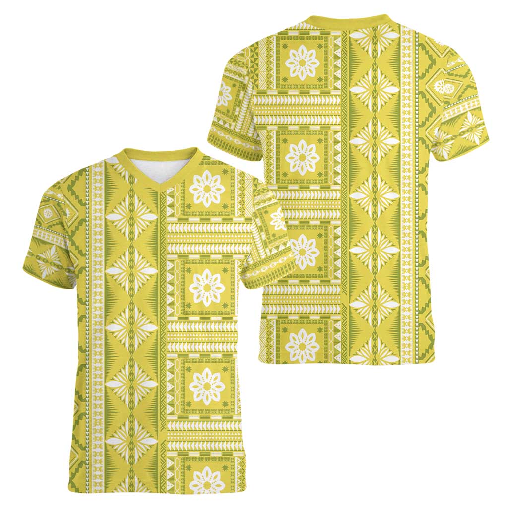 Fiji Masi All Yellow Women V-Neck T-Shirt Tapa Pattern - Polynesian Pride