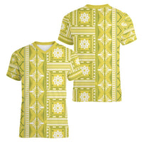 Fiji Masi All Yellow Women V-Neck T-Shirt Tapa Pattern - Polynesian Pride
