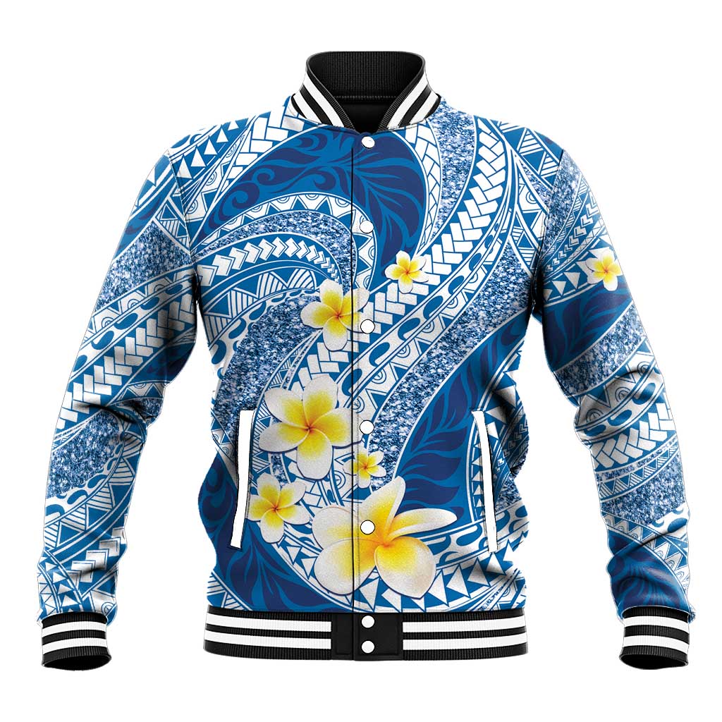 Plumeria Polynesian Blue Glitter Pattern Baseball Jacket