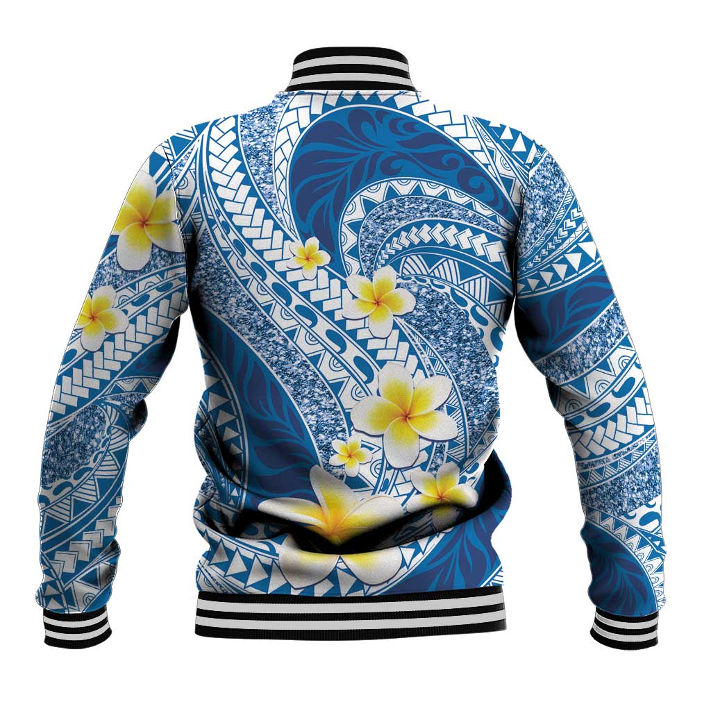 Plumeria Polynesian Blue Glitter Pattern Baseball Jacket