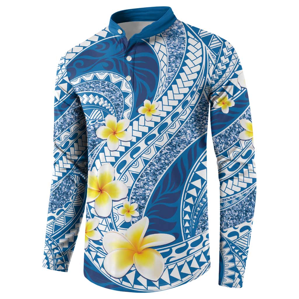 Plumeria Polynesian Blue Glitter Pattern Button Sweatshirt
