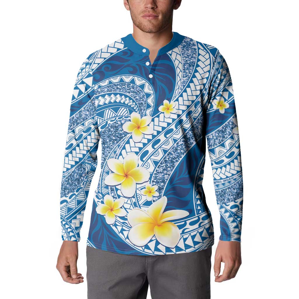 Plumeria Polynesian Blue Glitter Pattern Button Sweatshirt