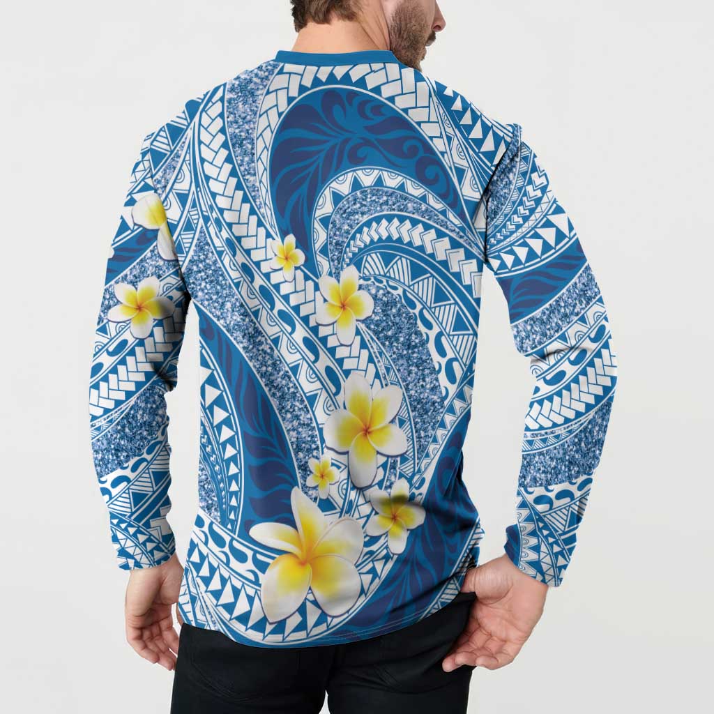 Plumeria Polynesian Blue Glitter Pattern Button Sweatshirt