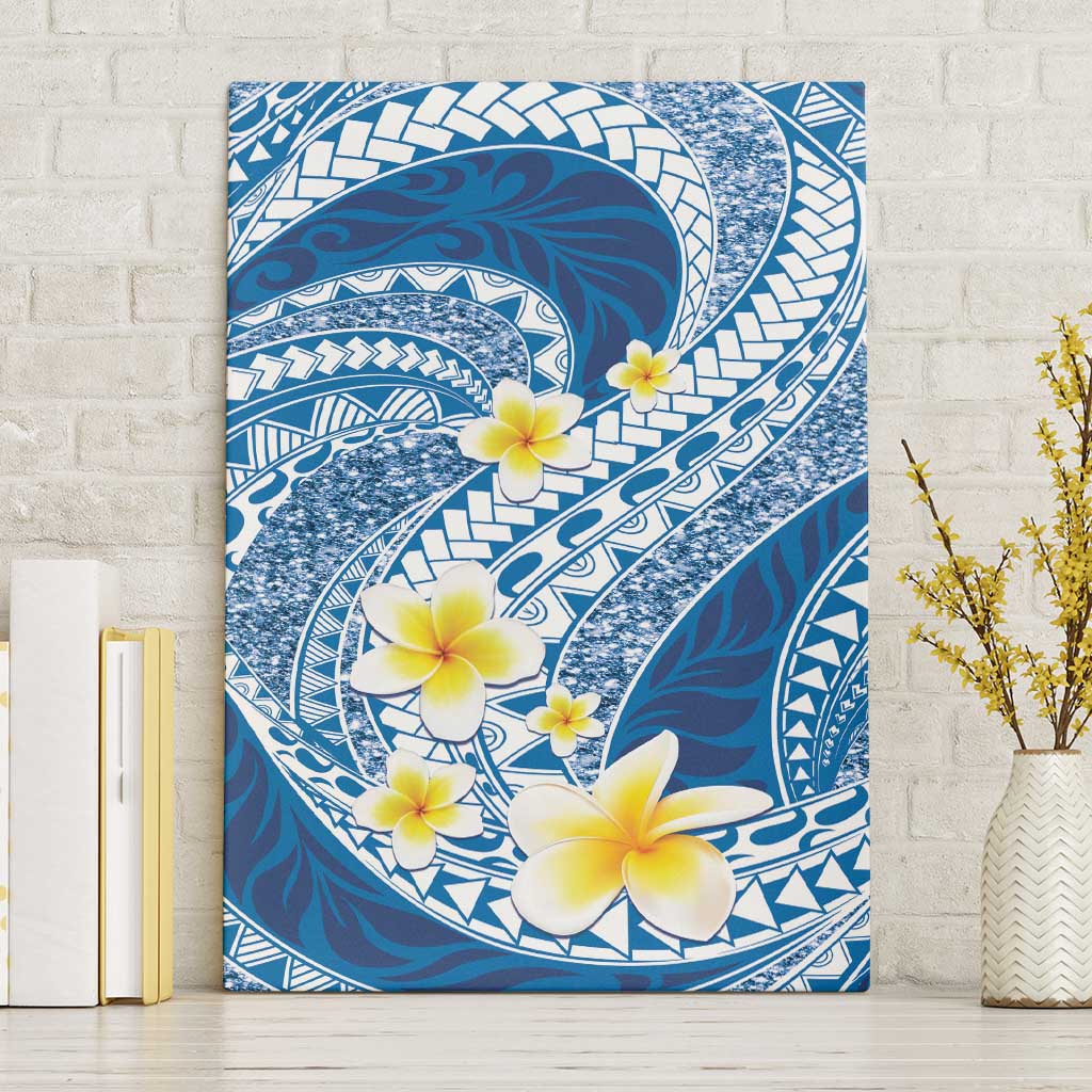 Plumeria Polynesian Blue Glitter Pattern Canvas Wall Art