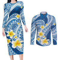 Plumeria Polynesian Blue Glitter Pattern Couples Matching Long Sleeve Bodycon Dress and Long Sleeve Button Shirt