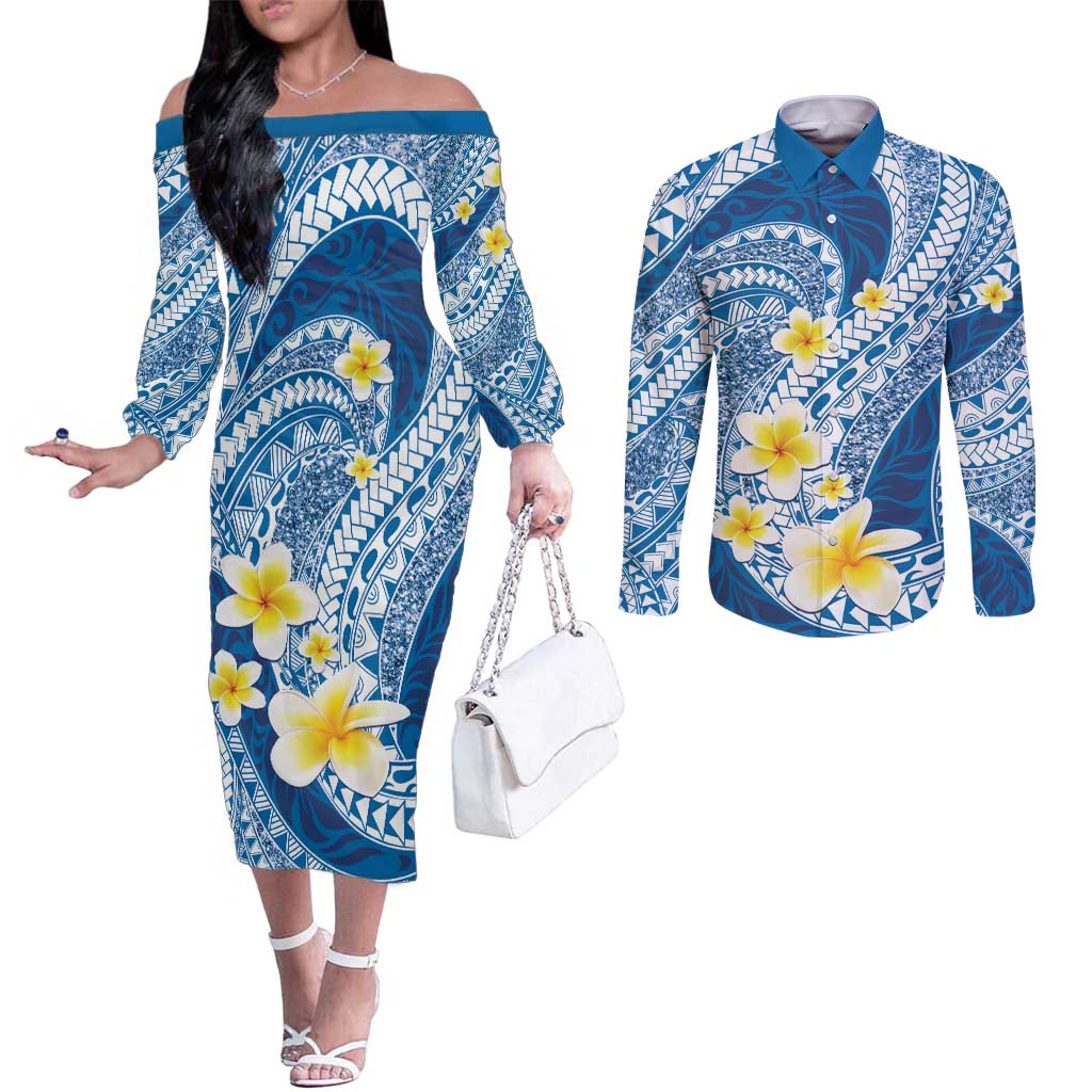 Plumeria Polynesian Blue Glitter Pattern Couples Matching Off The Shoulder Long Sleeve Dress and Long Sleeve Button Shirt