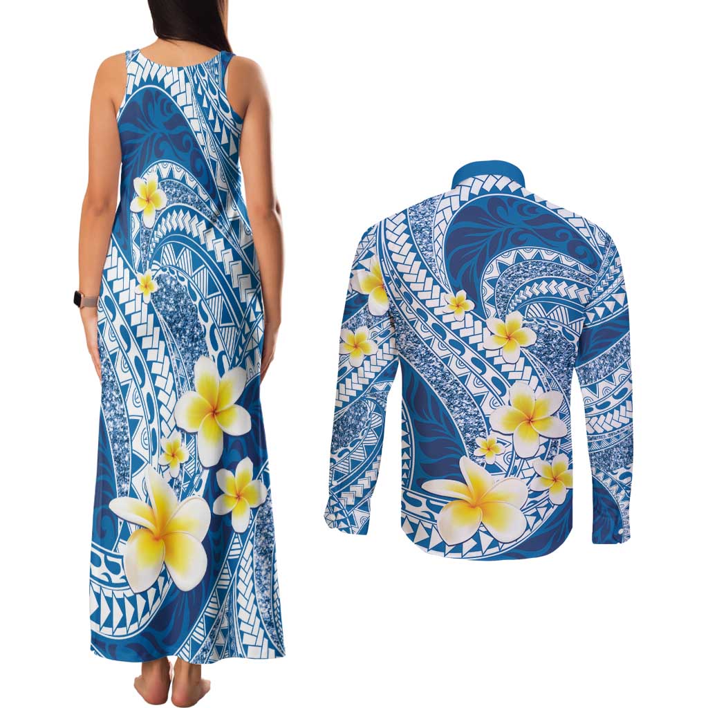 Plumeria Polynesian Blue Glitter Pattern Couples Matching Tank Maxi Dress and Long Sleeve Button Shirt