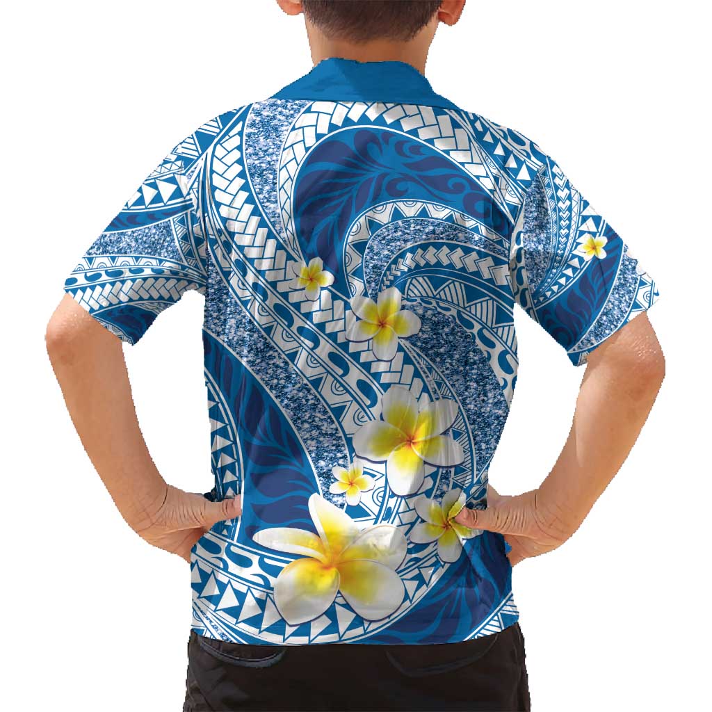 Plumeria Polynesian Blue Glitter Pattern Family Matching Long Sleeve Bodycon Dress and Hawaiian Shirt LT01 - Polynesian Pride