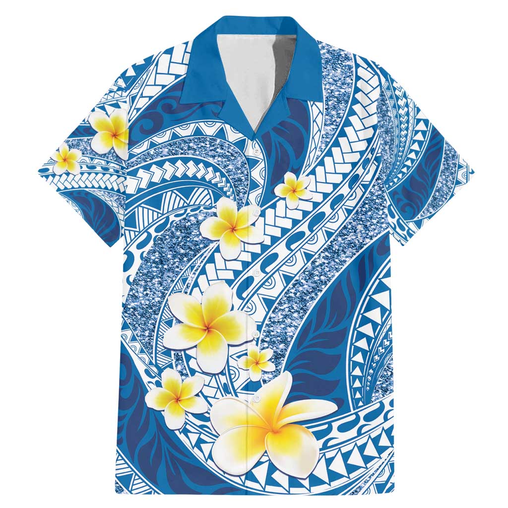 Plumeria Polynesian Blue Glitter Pattern Family Matching Mermaid Dress and Hawaiian Shirt LT01 Dad's Shirt - Short Sleeve Blue - Polynesian Pride